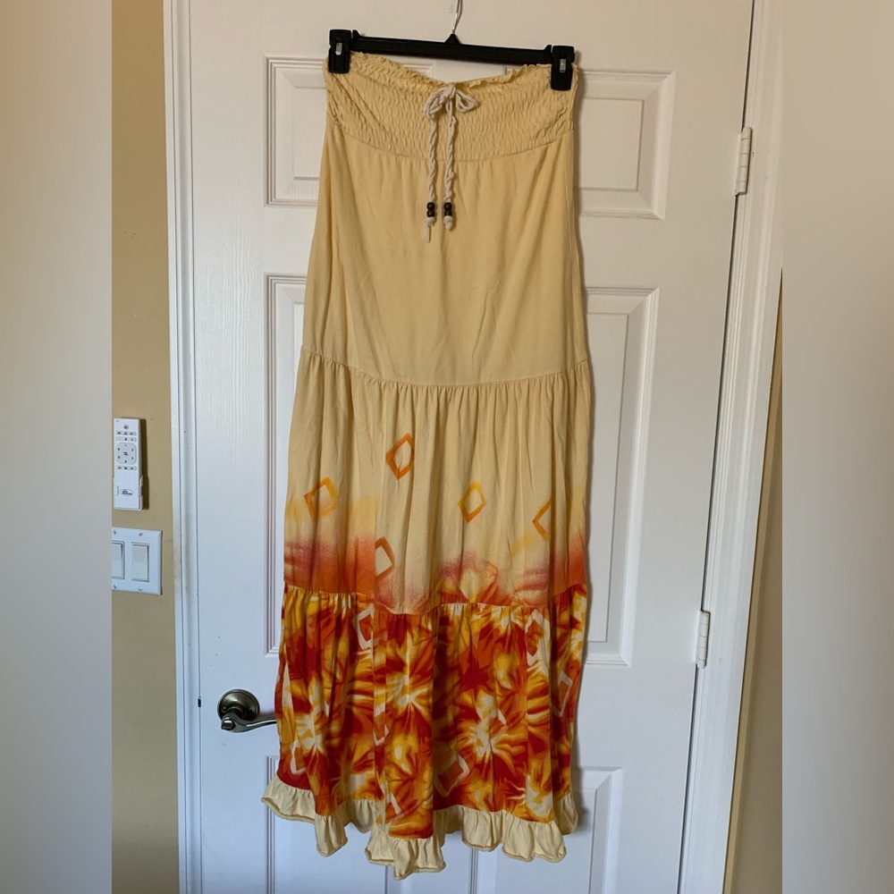 Decree Strapless Tiered Maxi Dress, Yellow and Orange, Size S
